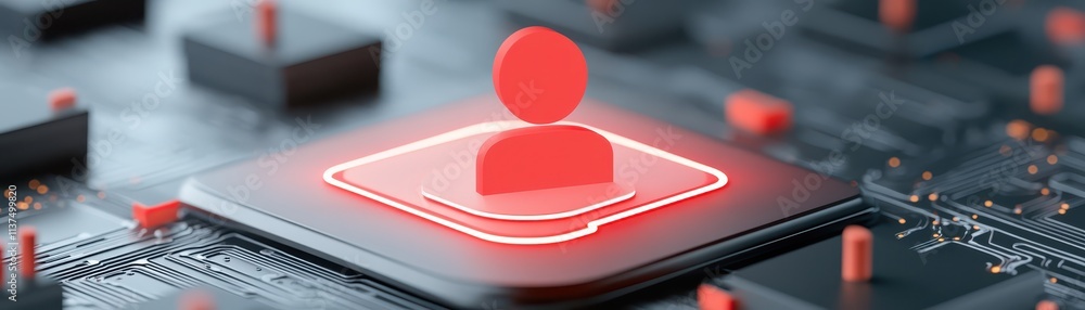 Poster red button activating electronic circuit, power control, interface and automation in technology