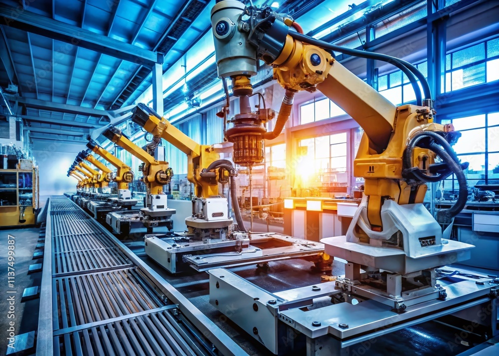 Poster futuristic factory: high-tech assembly robot, deep depth of field, industrial automation, sci-fi man