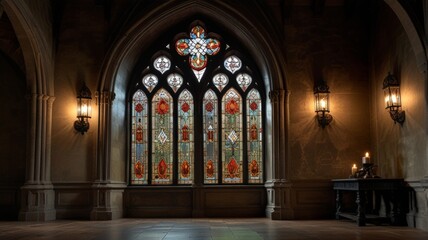 Obraz premium A grand stained glass window illuminates a dark stone room, showcasing vibrant colors and intricate designs, flanked by elegant wall sconces and creating a timeless atmosphere. 