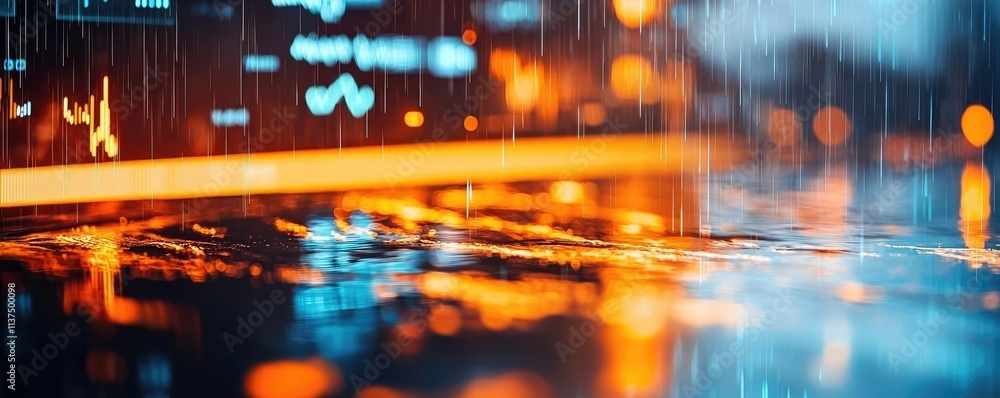 Poster Weather forecast idea. Abstract digital background with neon lights and rain creating a vibrant atmosphere.