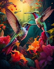 Fototapeta premium Illustration of colorful hummingbirds hovering near tropical flowers
