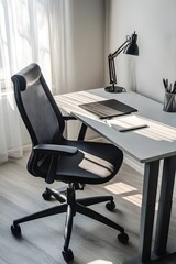 A workspace with a white desk, a black ergonomic chair, and a clean desktop featuring only a lamp and a notebook.