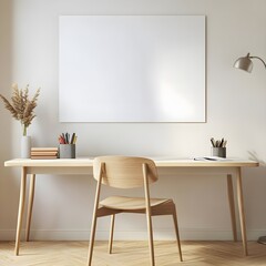 A workspace with a wall-mounted desk, a single chair in light wood, and a blank whiteboard as the focal point.