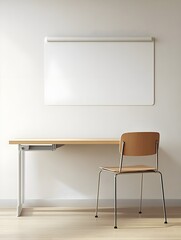 A workspace with a wall-mounted desk, a single chair in light wood, and a blank whiteboard as the focal point.
