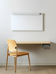 A workspace with a wall-mounted desk, a single chair in light wood, and a blank whiteboard as the focal point.