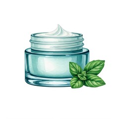 Refreshing Mint Moisturizer:  A watercolor illustration of a jar of luxurious face cream, accented with fresh mint leaves, evokes a sense of natural skincare and revitalization. 