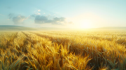 Golden Fields of Wheat Under a Bright Sunrise in Rural Landscape
