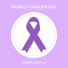 Purple ribbon for world cancer day. Vector illustration for awarennes, support, help and care. .Poster, background, card, banner, social media post, wallpaper.