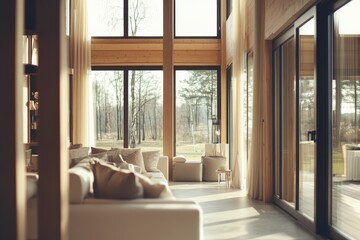 A modern living room with cozy seating and expansive floor-to-ceiling windows overlooking a serene forest view.