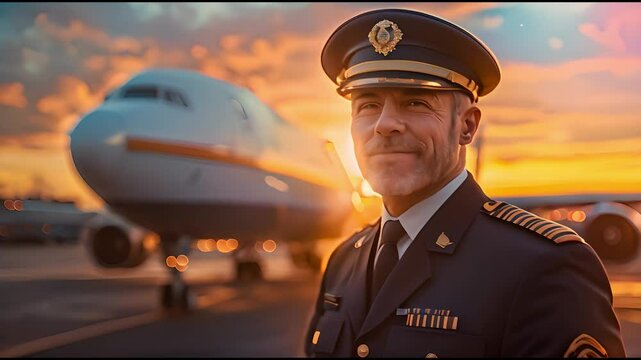 man captain airline worker  smiling while standing in airfield with airplane on background at sunset