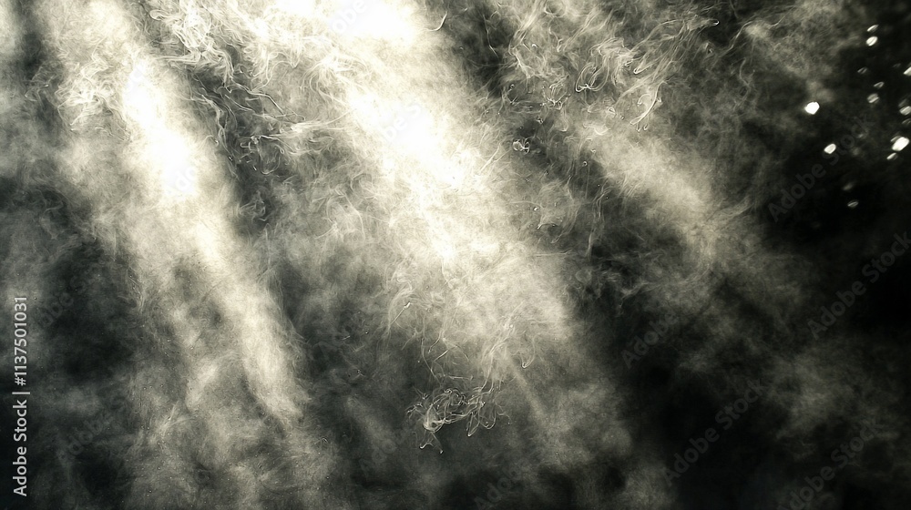 Poster light rays streaming through dark mist, creating ethereal atmosphere.