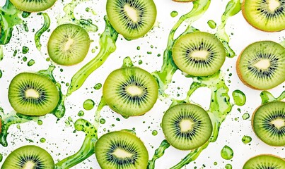 Kiwi slices with green juice splattered on white background.