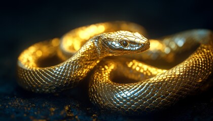 Fototapeta premium A striking golden snake glimmers under dramatic lighting, showcasing its detailed scales and elegant curves in a dark setting.