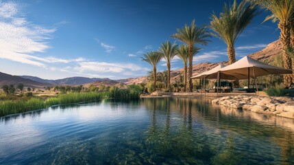Obraz premium Crystal-clear waters of a desert oasis reflect tall date palms, while a Bedouin tent offers shade in the calming desert wind.
