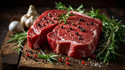 Juicy cuts of premium beef steak with a scattering of colorful spices and herbs. The rich textures and vibrant colors promise a delicious meal, ideal for grilling and gourmet cooking