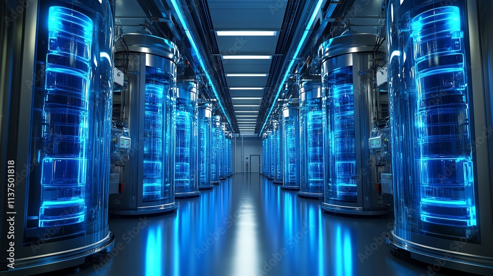 Poster futuristic data center with illuminated racks and advanced technology systems.