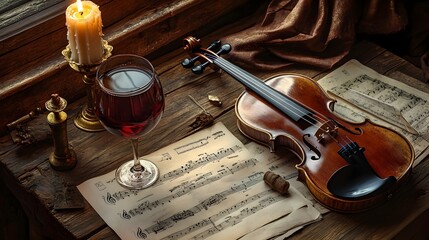 Fototapeta premium A vintage still life of a violin resting on a wooden table alongside a candle, sheet music, and a glass of red wine.