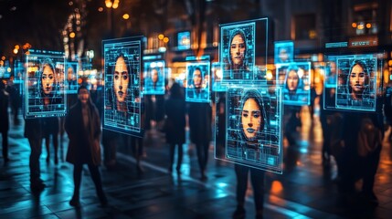 Futuristic digital faces displayed over urban environment with vibrant city lights.