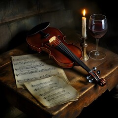 Naklejka premium A vintage still life of a violin resting on a wooden table alongside a candle, sheet music, and a glass of red wine.
