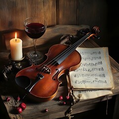 Fototapeta premium A vintage still life of a violin resting on a wooden table alongside a candle, sheet music, and a glass of red wine.