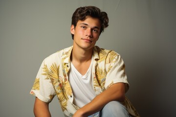 A young man is sitting on the floor wearing a white shirt with a floral pattern