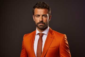 A man in an orange suit and tie is standing in front of a dark background