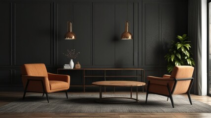 Obraz premium A stylish living room features two orange chairs and a round wooden coffee table, illuminated by pendant lights. The elegant black wall enhances a warm and inviting atmosphere.