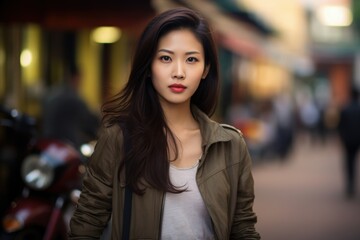 A woman with long hair and a brown jacket stands in front of a motorcycle