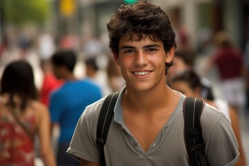 Fototapeta premium A young man with a backpack is smiling for the camera