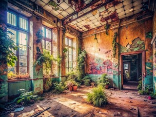 Fototapeta premium Girly Urban Exploration Wallpaper: Abandoned Building, Graffiti Art, Pastel Colors, Aesthetic Background