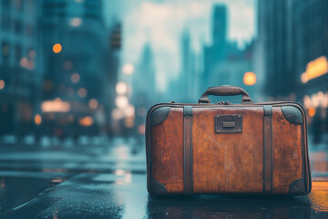 Suitcase with City Skyline in Background