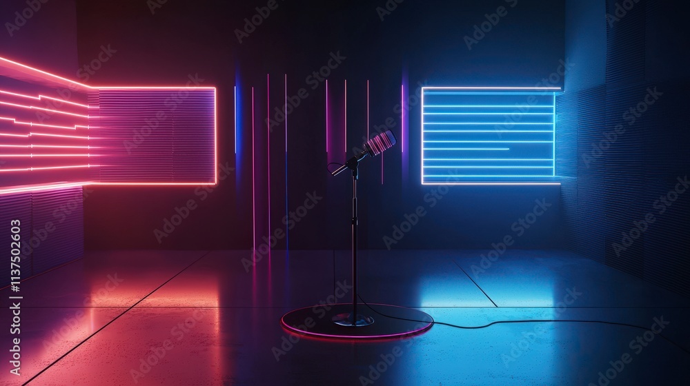 Poster modern narration setup with microphone and digital effects in futuristic studio environment