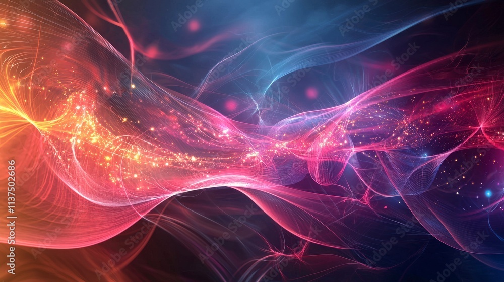 Poster dynamic waves abstract art of narrator's voice in a vibrant digital environment and fluid artistic e