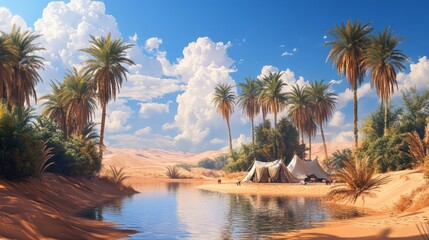 Serene desert scene featuring an oasis with sparkling water, surrounded by date palms and a traditional Bedouin tent, all under a vast blue sky.