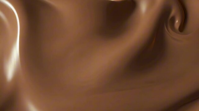 Smooth and glossy chocolate mousse swirl texture with soft curves and rich mocha tones. Abstract sweet background, dessert, or culinary concepts