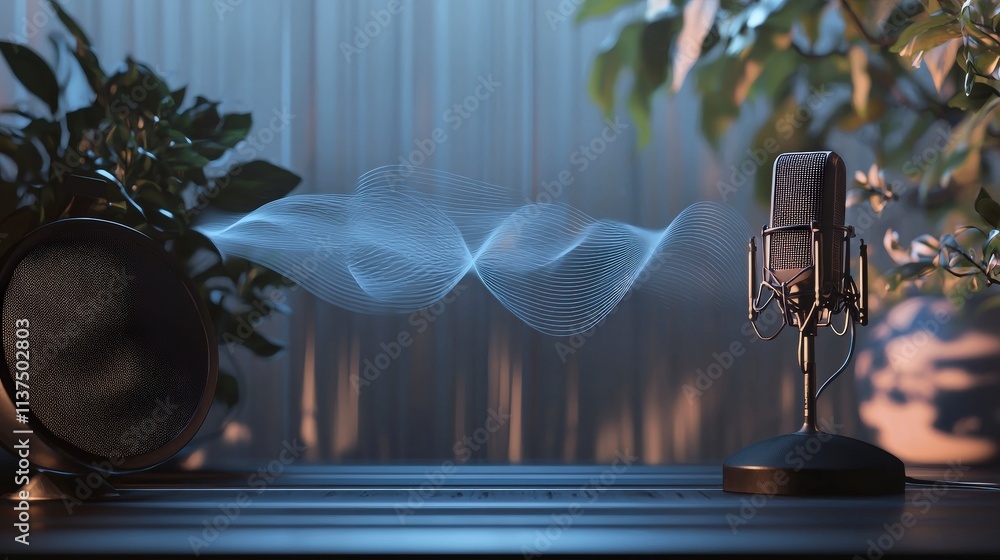 Poster serene recording studio sound waves peaceful environment audio content creation captivating atmosphe