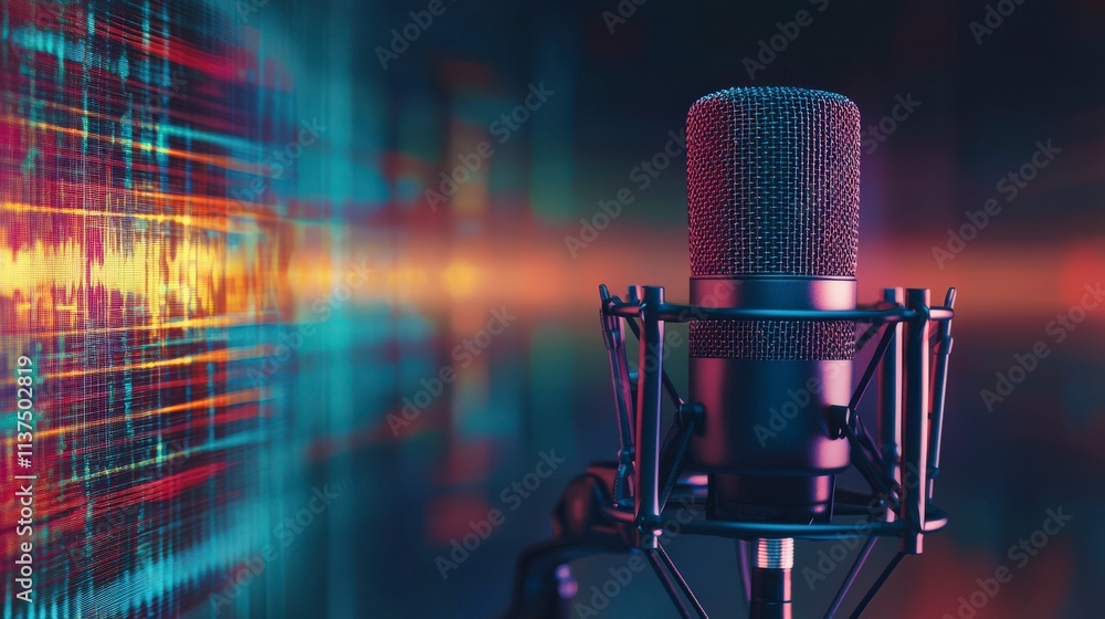 Poster recording studio serenity captivating microphone amidst vibrant sound waves digital environment clos