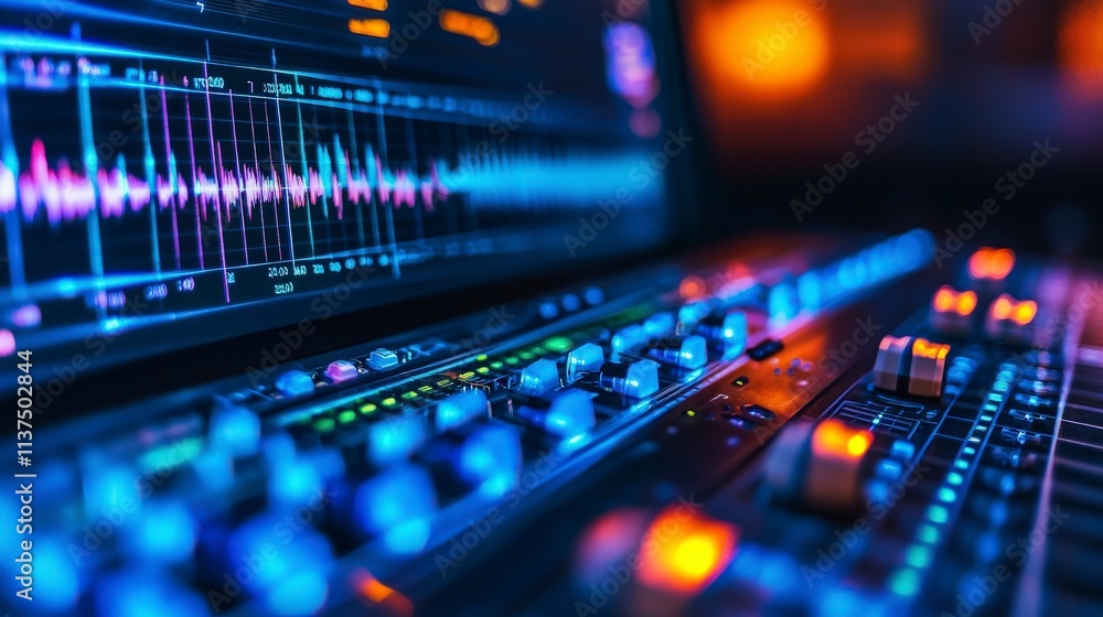 Poster Professional audio mixing console with visualized sound waves and digital imagery in a technology-driven studio environment