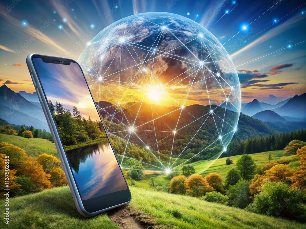 Poster global connectivity through technology: a phone symbolizing interconnectedness with lines and geomet