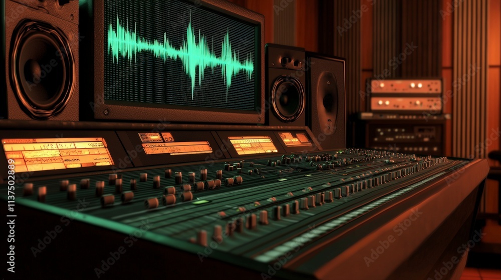 Poster state-of-the-art recording console in modern studio audio equipment showcase vibrant technological e