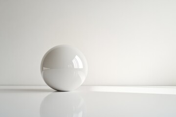 A Single White Sphere on a White Surface with a White Wall in the Background