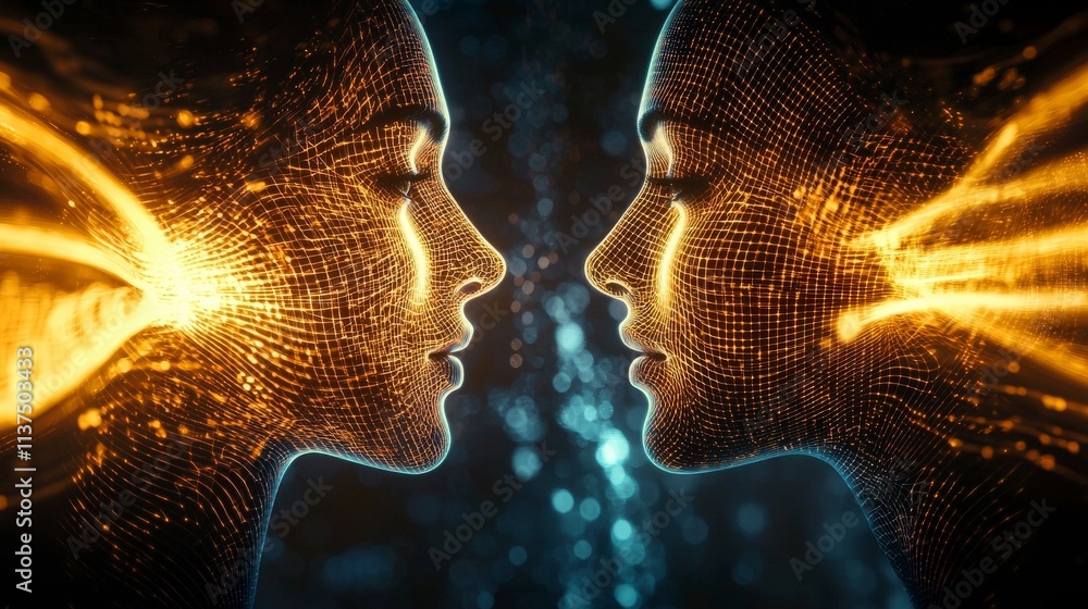Poster articulating ideas closeup of two individuals communicating digital environment futuristic concept c