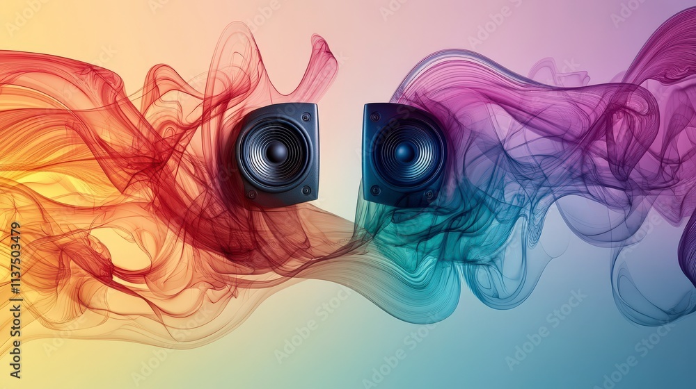 Poster dynamic sound waves flowing between speakers vibrant environment digital art creative viewpoint visu