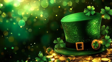 Green leprechaun hat with gold coins and shamrocks on bokeh background.