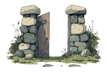 Rustic Stone Gateway with Wooden Door 3D-vector illustration on a white and transparent background