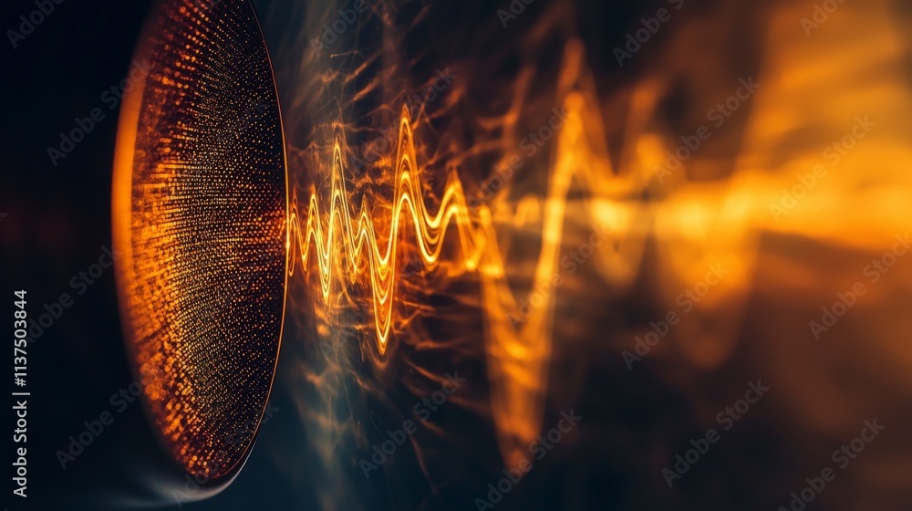Poster soft warm sound waves flowing between speakers in a serene environment capturing vibrant audio visua