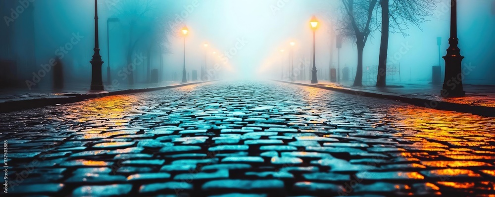 Poster mysterious fog idea. foggy street at night with dimly lit lamps and wet cobblestones reflecting ligh