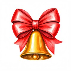 Golden Bell with Red Bow Watercolor Illustration 