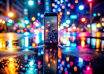 Glowing Smartphone Night City Street Double Exposure - Technology Connectivity Digital Innovation