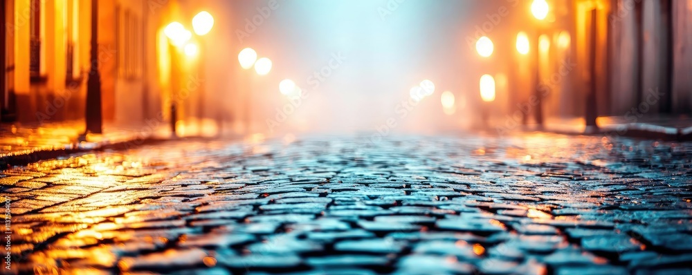 Poster mysterious fog idea. a cobblestone street illuminated by glowing lamps, shrouded in soft morning fog